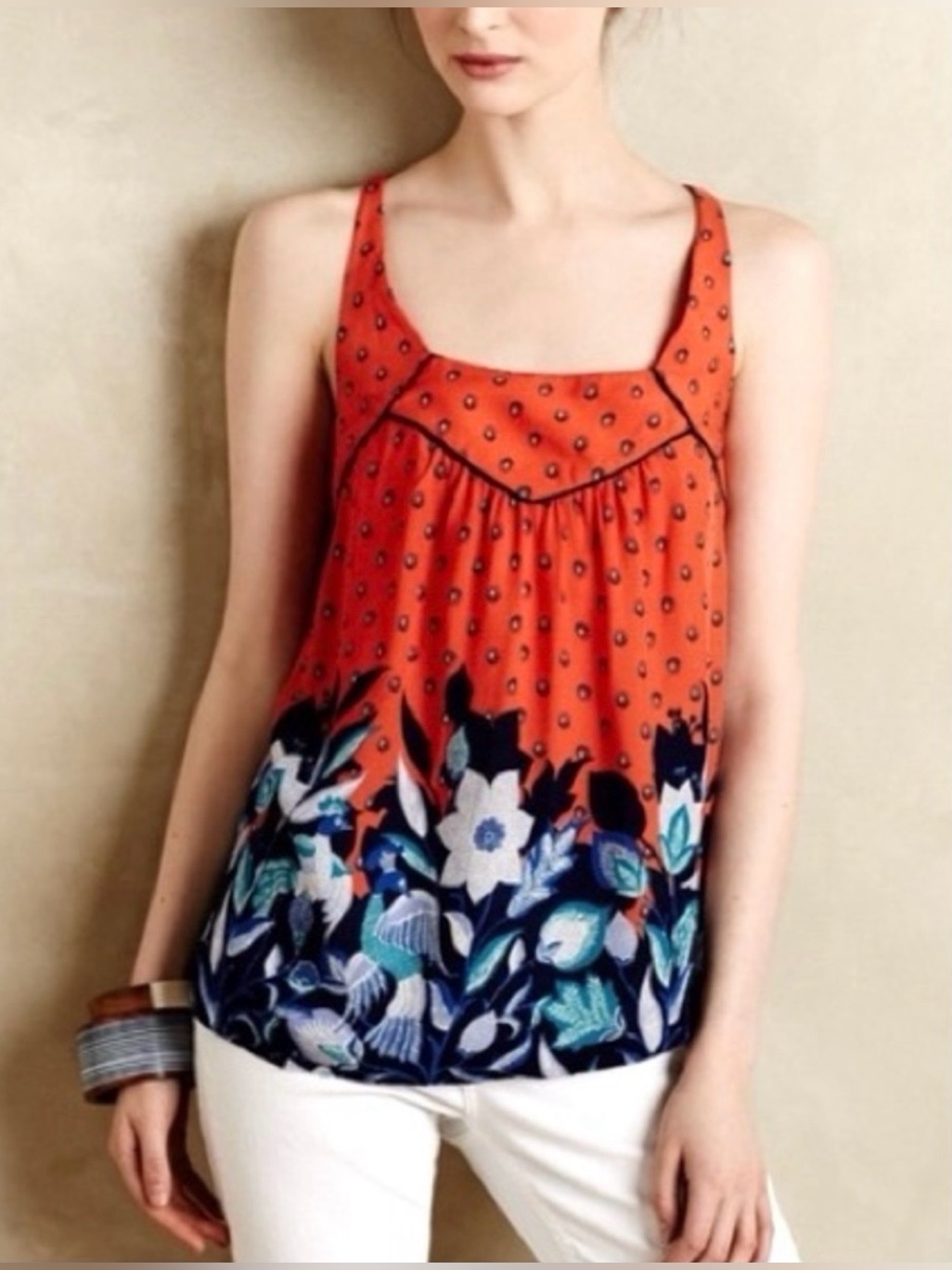 Anthropologie Maeve Mazie Peacock Floral Satiny Tank Top Boho Bird Print